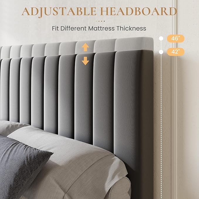SHA CERLIN Queen Size Platform Bed Frame with 4 Storage Drawers, Vertical Channel Tufted Adjustable Headboard, Velvet Upholstered, Wooden Slats Support, No Box Spring Needed, Easy Assembly, Grey