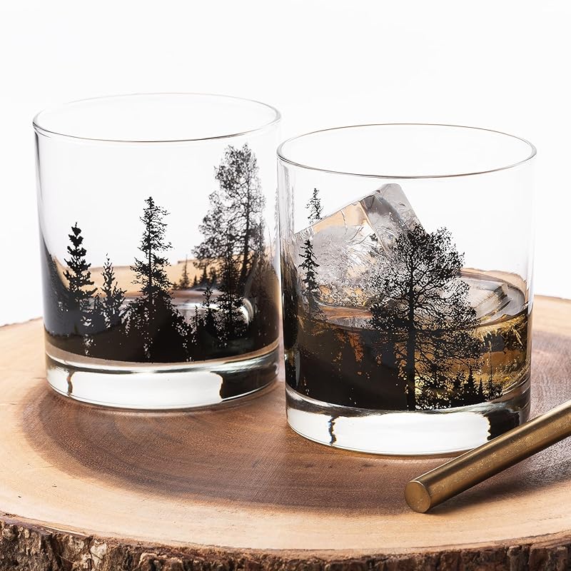 Black Lantern Whiskey Glass Set - Forest Landscape Old Fashioned Low-Ball Glasses - Drinking Glasses - Rock Glasses and Kitchen Glasses for Nature Lovers - Two Premium 11oz. Glasses