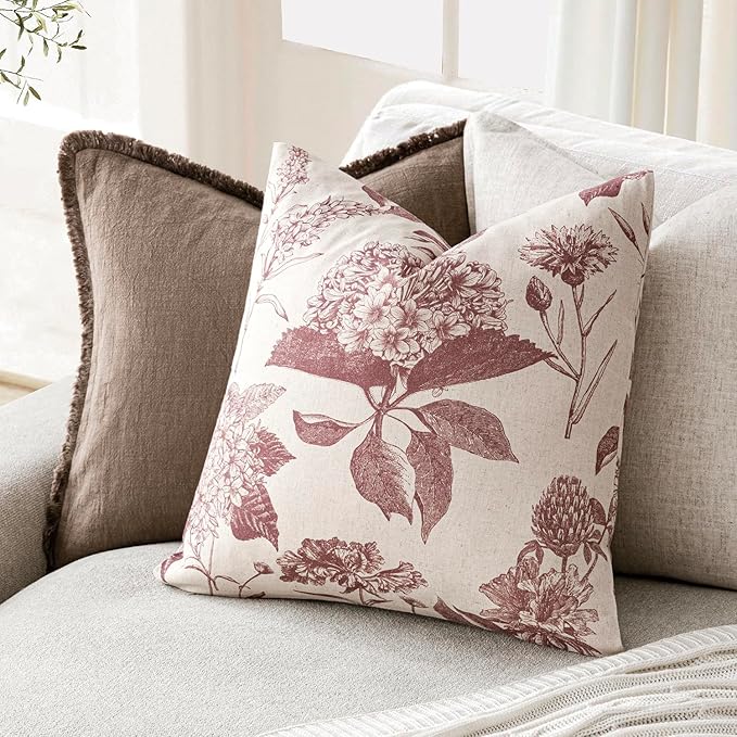 Foindtower Set of 2 Linen Floral Vintage Throw Pillow Covers Neutral Accent Print Decorative Cushion Covers Farmhouse Home Decor for Sofa Chair Couch Bedroom Living Room Outdoor,22×22 Inch,Dark Pink
