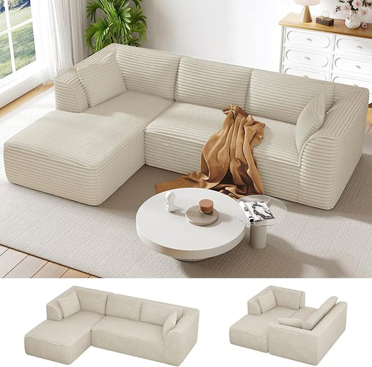 Vesgantti 106" Boneless Couch with Chaise, Deep Seat Comfy Cloud Modular Sofa Corduroy Memory Foam Sectional Couches for Living Room Bedroom, No Assembly Required (Camel, Left-Facing Chaise)