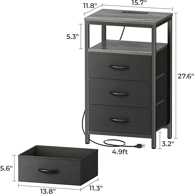 Huuger Nightstand with Charging Station, 27.6 Inch End Table Bedside Table with USB Ports and Outlets, Fabric Drawers, Night Stand for Bedroom, Charcoal Gray
