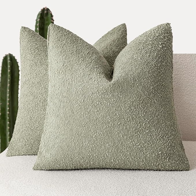 Foindtower Set of 2, Decorative Textured Boucle Throw Pillow Covers Accent Solid Pillow Cases Neutral Soft Couch Cushion Case for Chair Sofa Bedroom Living Room Home Decor 24x24Inch Dirty Sage Green