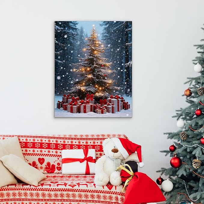 Framed Christmas Pictures Wall Decor,Vintage Pine Tree Prints,Winter Christmas Canvas Wall Art Decoration for Bedroom Bathroom Living Room Rustic Xmas Holiday Gifts (Christmas Tree 14, 24'' X 36'')