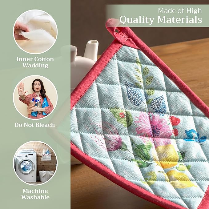 Maison d' Hermine Pot Holders Set 100% Cotton Heat Resistant Potholders 8" x 8" Hot Pads with Loop BBQ, Cooking, Grilling, Kitchen, Handling Hot Pans Spring/Summer (Pack of 2, Jardin D'Ete - Mint)