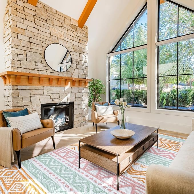 Lahome Waterproof Outdoor Rug 9x12, Reversible Outdoor Plastic Straw Rug for Patio, RV Camping Rug Picnic Mat Outside, Large Outdoor Carpet for Beach Deck Backyard Balcony(Pink/Orange,9'x 12')