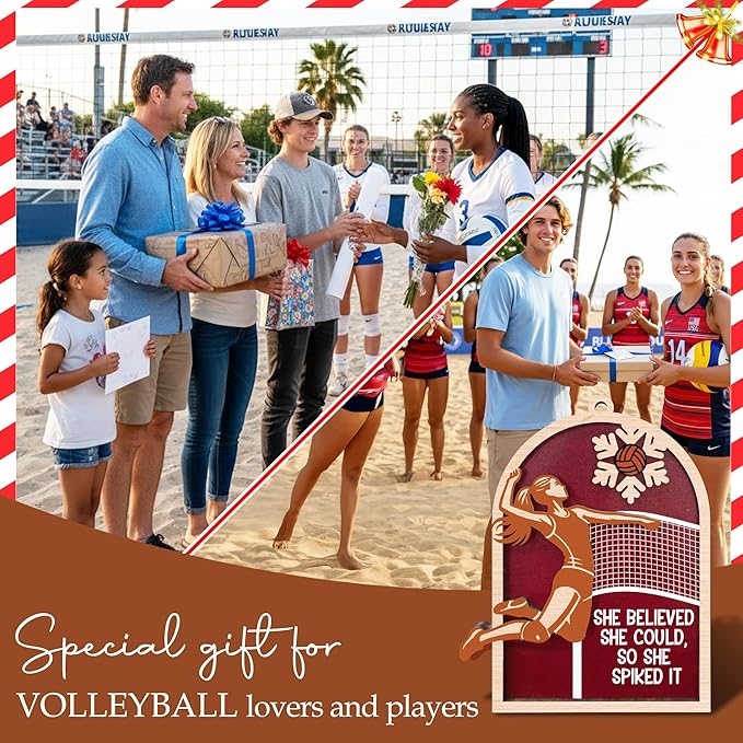 Volleyball Christmas Ornament 2025-2 Layer Wooden Volleyball Ornaments for Christmas Tree - Sports Ornaments for Team, Players, Coaches, Family, Friends, Sport Lovers - Sports Themed Hanging Decor
