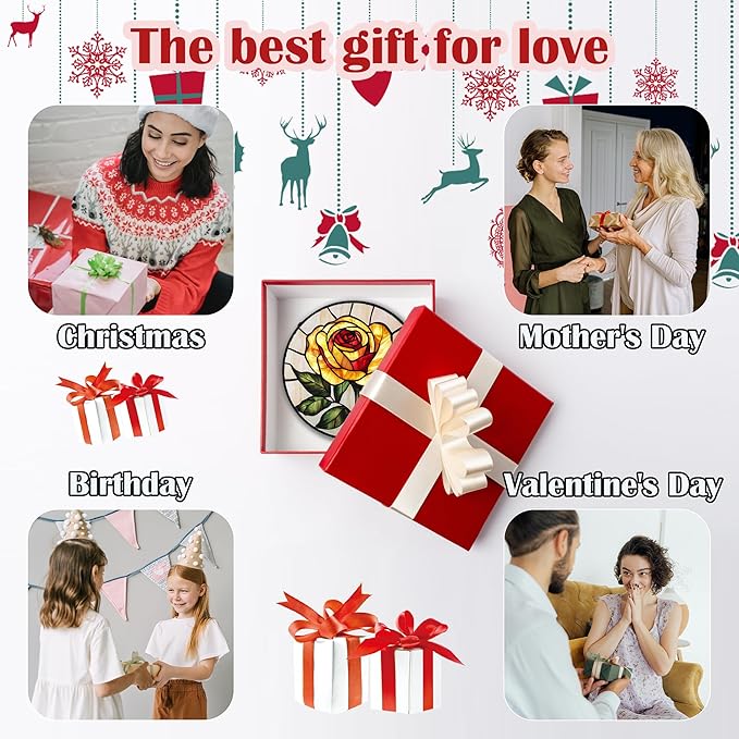 Stained Glass Window Hanging - Elegant Yellow Rose Flower Sun Catcher for Door Garden Home Decor Suncatcher Christmas Mother's Day Birthday Gifts for Women Mom Girl Nana Friend 6.3 in