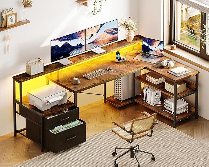 ODK L Shaped Desk with File Drawer, 66" Reversible L Shaped Computer Desk with Power Outlet & LED Strip, Office Desk with Storage Shelves, Gaming Desk with Monitor Shelf, Corner Desk, Vintage