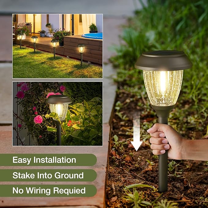 XMCOSY+ Solar Lights Outdoor 10/25 LM LED with 2 Lighting Modes, Solar Garden Lights Glass and Metal, IP65 Waterproof Solar Powered for Yard Pathway Walkway Driveway Patio (6 Pack, Warm White)