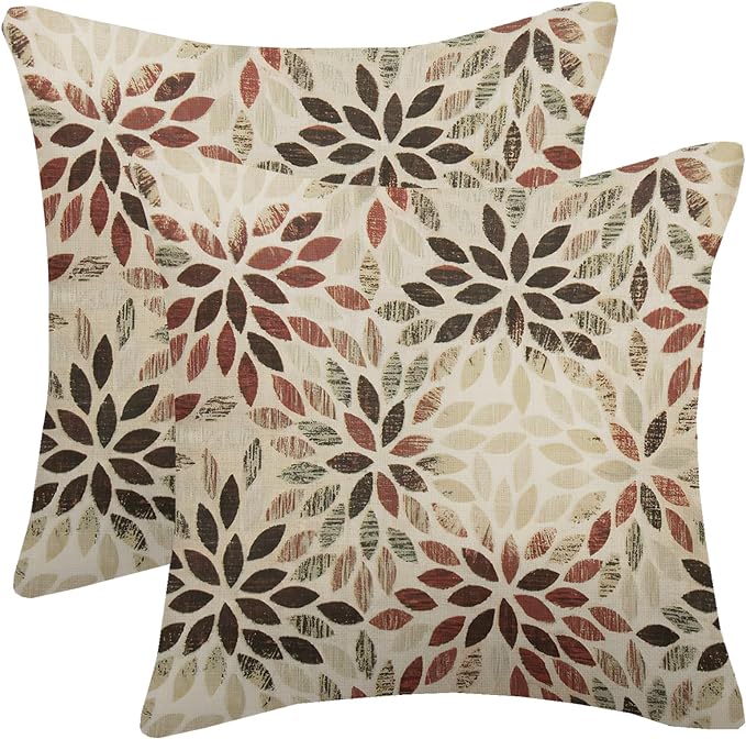 Burgundy Red Brown Pillow Covers 18x18 Inch Set of 2 Summer Rust Geometric Flower Outdoor Decorative Throw Pillows Farmhouse Dahlia Pillow Case Linen Square Cushion Cover for Home Sofa Bedroom