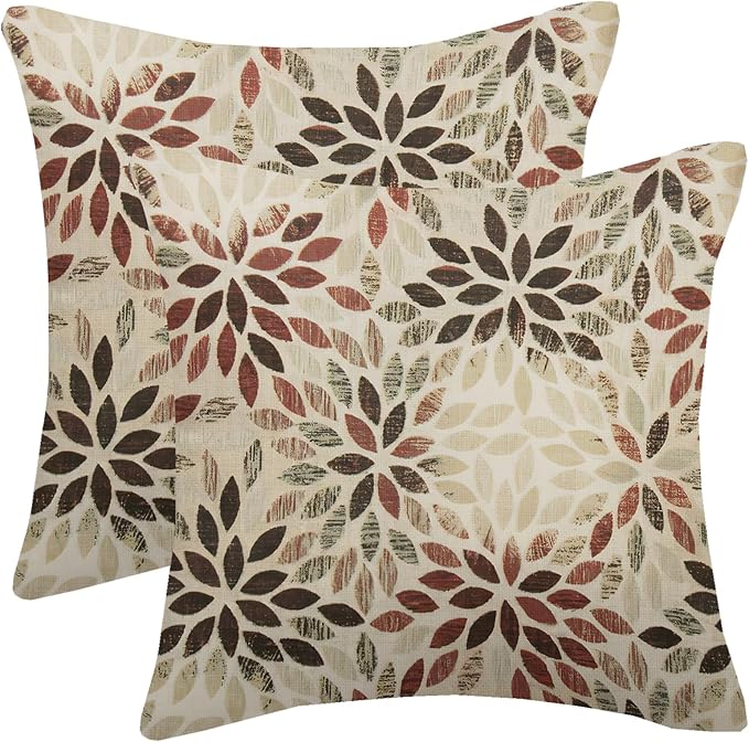 Burgundy Red Brown Pillow Covers 22x22 Inch Set of 2 Summer Rust Geometric Flower Outdoor Decorative Throw Pillows Farmhouse Dahlia Pillow Case Linen Square Cushion Cover for Home Sofa Bedroom