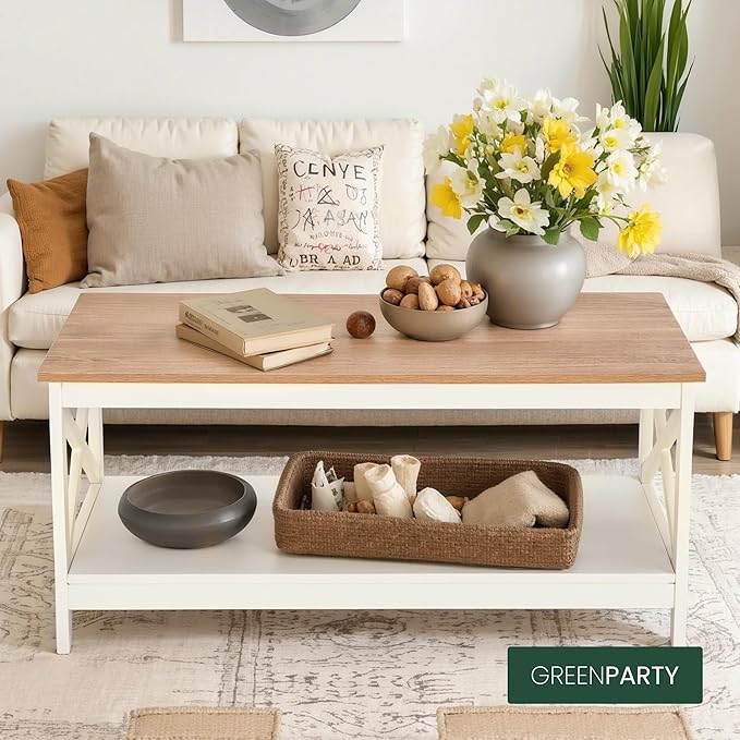 GREEN PARTY Coffee Tables for Living Room, Simple Wooden Stable Coffee Table with Shelf,Open Storage Space with Large Capacity Coffee Table,40 Inches, White