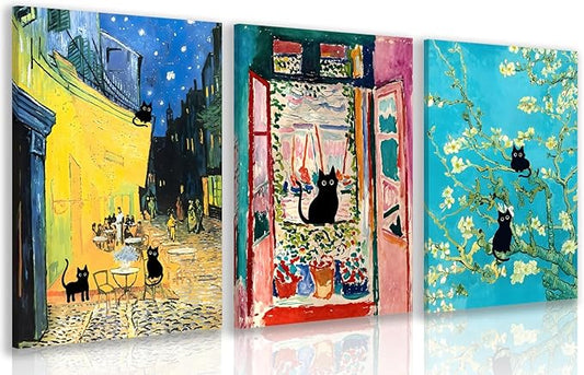 FASWQ Whimsical Black Cat Wall Art, Van Gogh Matisse Picasso Wall Decor, Funny Bathroom Canvas Paintings, Cute Animal Aesthetic Pictures for Living Room Kids' Room Framed Ready to Hang 12"x16"x3