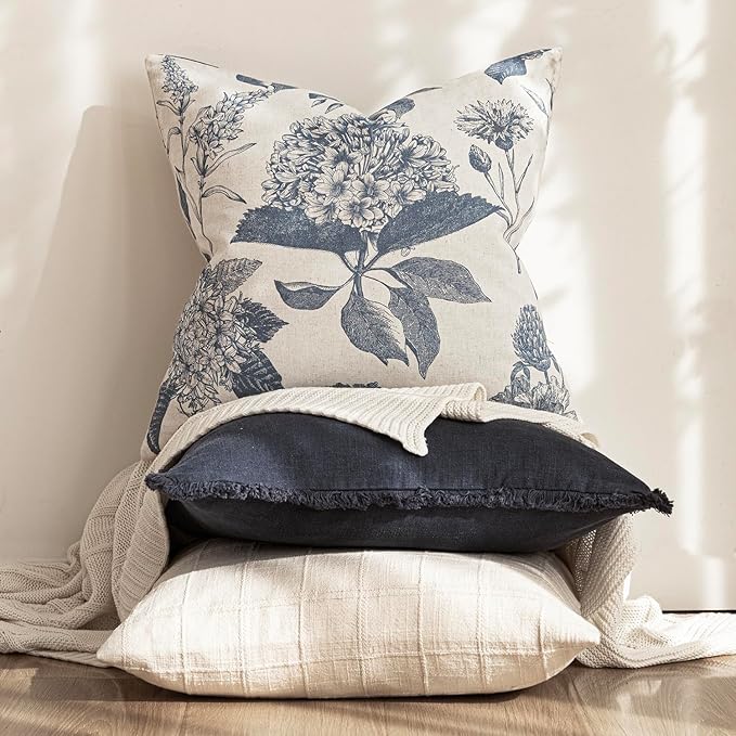 Foindtower Set of 2 Linen Floral Vintage Throw Pillow Covers Neutral Accent Print Decorative Cushion Covers Farmhouse Boho Home Decor for Sofa Chair Couch Bedroom Living Room Outdoor,18×18 Inch,Blue