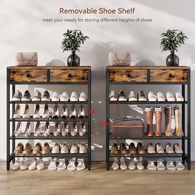 IBUYKE 5 Tier Shoe Rack, Metal Shoe Storage Organizer for 12-16 Pairs of Shoes, Modern Shoe Stand with 2 Drawers,Metal Shelf for Entryway Closet Bedroom, Rustic Brown TXJ041H