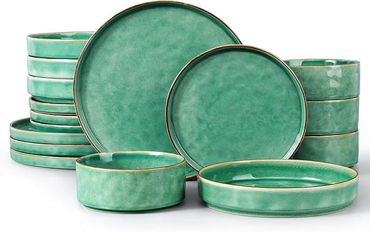 LIANYU 16 Piece Dinnerware Sets with Double Bowls, Plates and Bowls Dish Set for 4, Ceramic Dinner Ware Dishware for Kitchen Dining, Microwave & Dishwasher Safe, Emerald Green