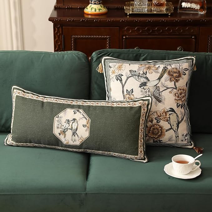 Design Linen Chinoiserie Lumbar Throw Pillow Covers 12"x28" Pack of 2, Farmhouse Cushion Covers with Yellow Floral Birds Pattern Decoration Pillowcases for Bed,Living Room,Outdoor,Car