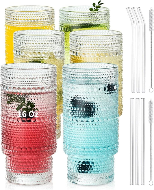KEMORELA Glass Cups Vintage Glassware Set of 6 Large, Hobnail Drinking Glasses, 16oz Glass Cups With Straws, Romantic Hobnail Highball Glasses, Bar Beverages Ice Coffee Cup Glassware