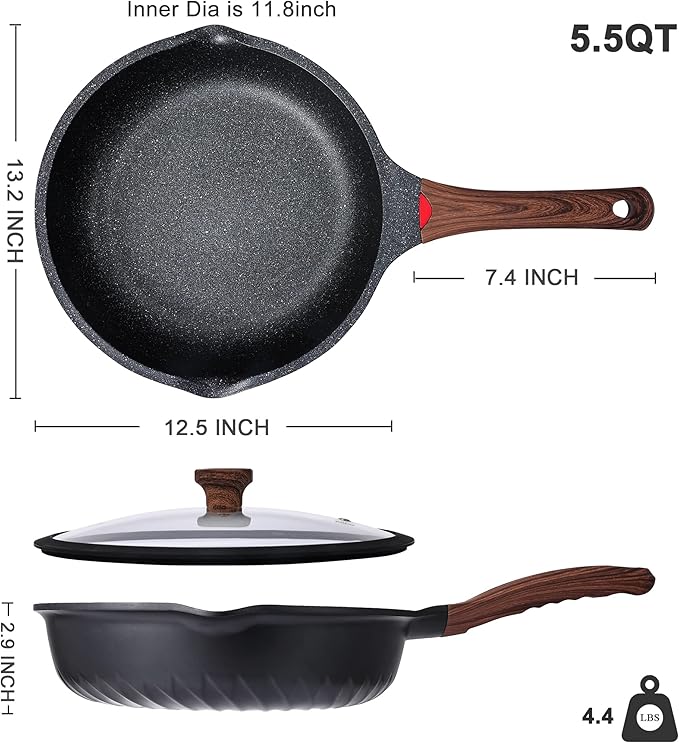 Vinchef Nonstick Deep Frying Pan Saute Pan with Lid, 12in/5.5Qt Fry Pan, German 3C+ Ceramic Coating Technology, Heat Indicator, Induction Compatible