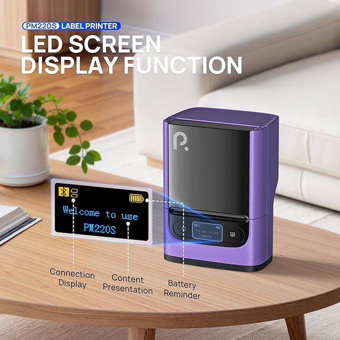 POLONO PM220S Label Maker Machine with Tape, 2 Inch Bluethooth Portable Thermal Label Printer for Small Business, Office, Home, Address, Logo Label, Sticker Printer for Phone/Tablet/PC, Purple