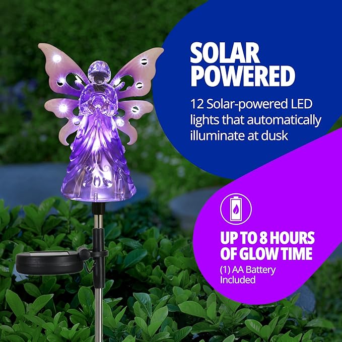 Exhart Garden Solar Lights, Decorative Angel Garden Stake, 12 LEDs, Cute Yard and Pathway Decor, Purple, 4 x 34 Inch