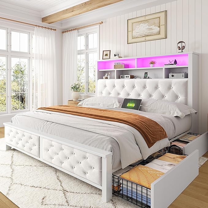 EnHomee Full Size Bed Frame with 4 Storage Drawers and Headboard Upholstered,Wooden Full Bed Frame with Charging Station and LED Light,NO Noise,No Box Spring Needed,Beige