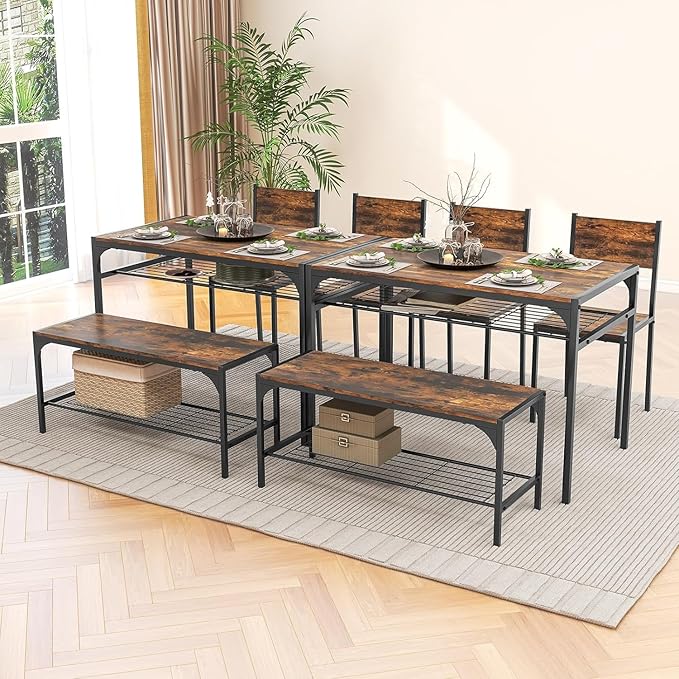 Tangkula Dining Table Set for 4, Kitchen Table and 2 Chairs for 4 with Bench, Additonal Storage Rack, 4 Piece Dining Table Set for Small Space, Apartment