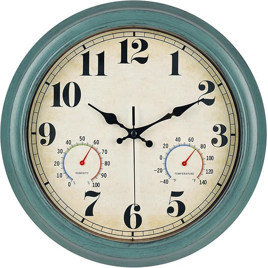 zyzamay 13 Inch Outdoor Clock with Thermometer and Hygrometer, Waterproof and Silent, Large Easy-to-Read Numbers, Ideal for Bedroom,Office,Living Room,Porch,Garden,Pool(Green)