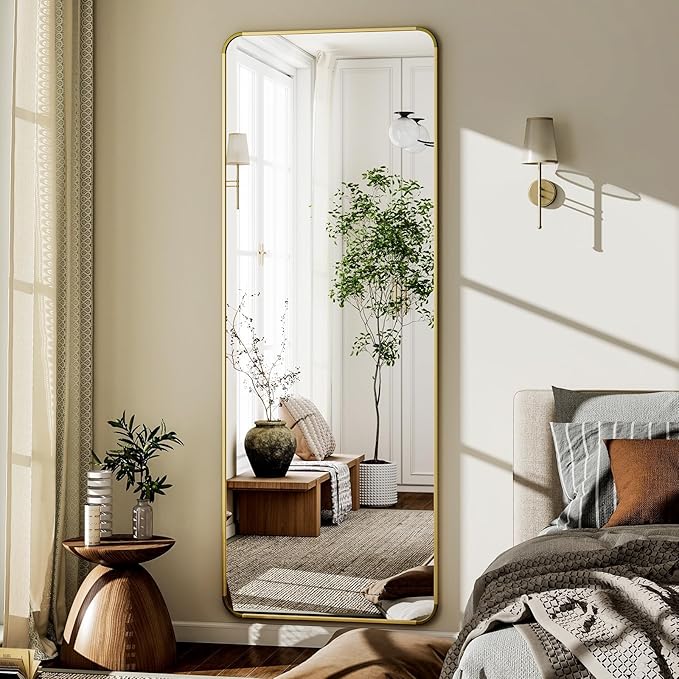 Round Corner Mirror Full Length, 66" x 23" Floor Mirror with Stand, Matte Aluminum Alloy Frame Full Body Mirror, Standing Hanging or Leaning for Bedroom and Living Room, Gold
