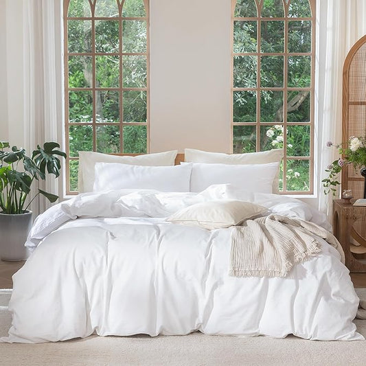 MooMee Bedding Duvet Cover Set 100% Washed Cotton Linen Like Textured Breathable Durable Soft Comfy (Solid Bright White, Oversized Queen 98"x98")