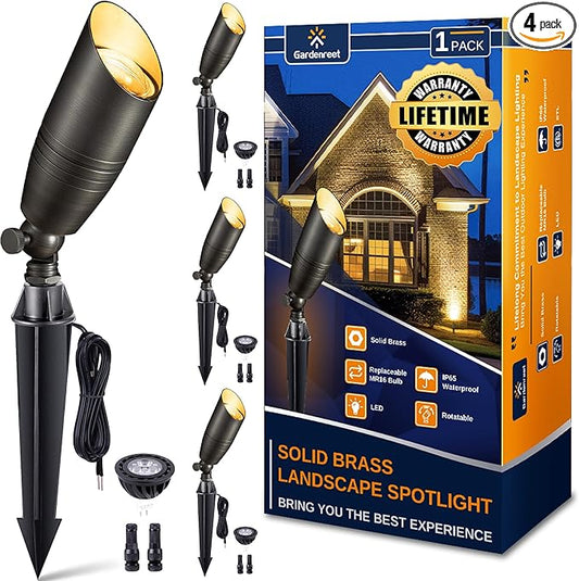 Brass Landscape Lighting - Low Voltage Spotlights Outdoor LED, 12V Wired Uplights, Waterproof Spot Lights, Antique Bronze for Outside Trees with 5W 2700K Warm White MR16 Bulb (4 Pack)