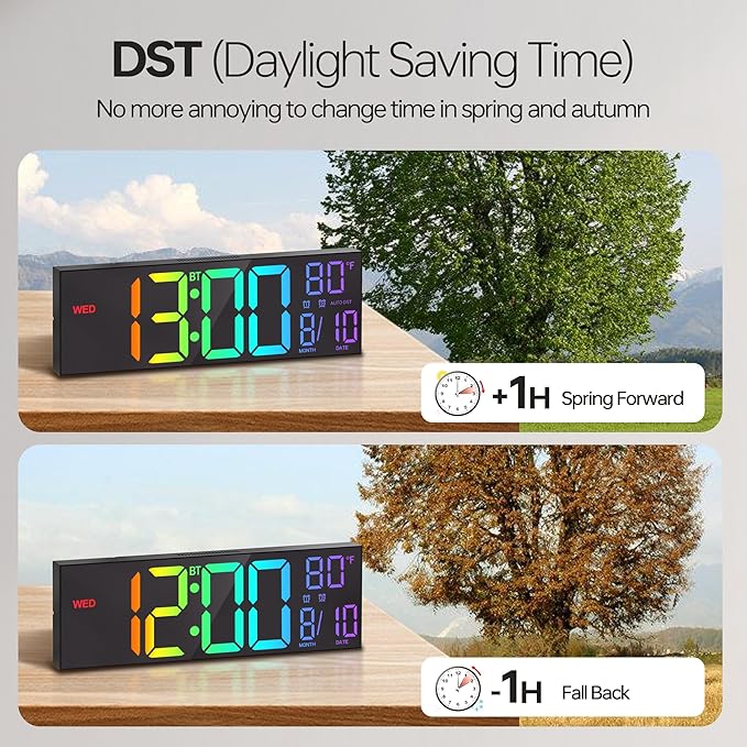 JALL 16.2" Large Digital Wall Clock with Seconds, Bluetooth Sync, Alarm Big LED, RGB Color, DST Temperature for Classroom Bedroom Garage Gym, Mount, Xmas, Birthday Gift for Aged Elderly Mother Father