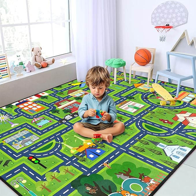Car Rugs for Kids - Car Track Carpet for Boys Road Rug for Bedroom Road Map Carpet for Kids Toy Play Mat Farm, 4. 5x6 Feet