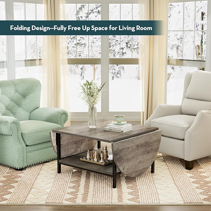 SAYGOER Folding Coffee Tables for Living Room 2-Tier Extended Coffee Table with Storage Vintage Farmhouse Center Table for Large or Small Spaces, Foldable, Gray Wash