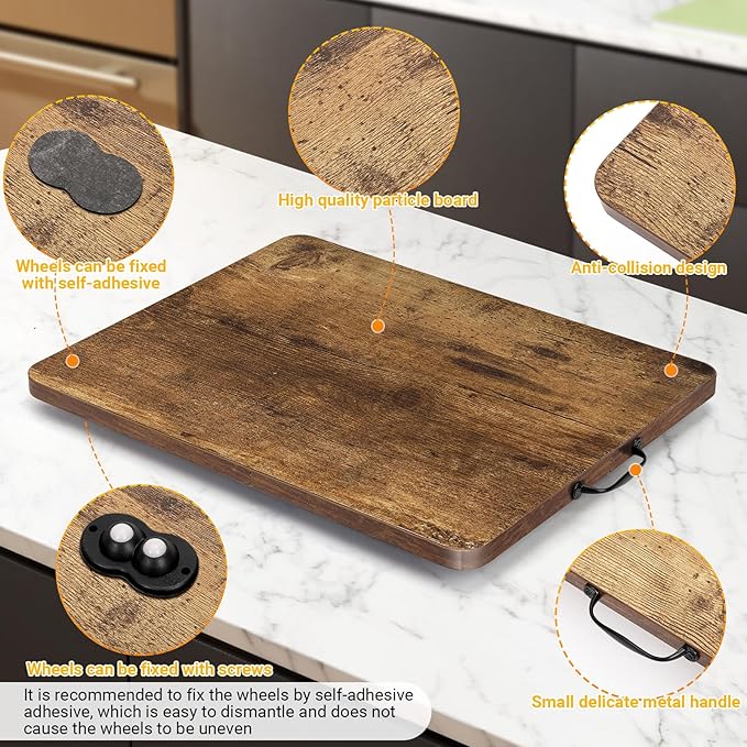 360° Rotatable Sliding Tray for Kitchen Appliances, Wooden Sliding Tray for Coffee Maker, Coffee Pot Slides for Countertop Installation, Easy to Slide (Brown, Large)