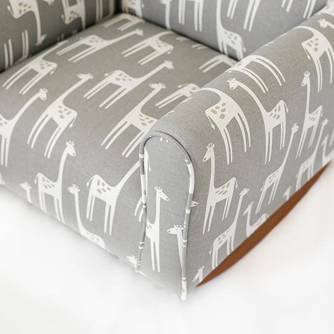 Toddler Personalized Armchair, Kids Upholstered Rocking Chair with Personalization, Toddler Chair with Personalized Name, Comfy Child Armchair, (Grey Giraffes Print, Rockers)