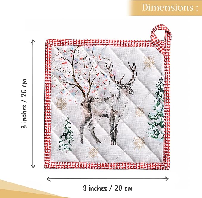 Maison d' Hermine Pot Holders 100% Cotton Heat Resistant Potholders 8" x 8" Hot Pads with Loop for Thanksgiving Christmas Decorations BBQ Cooking Baking Handling Hot Pans (Pack of 1, Rural Christmas)
