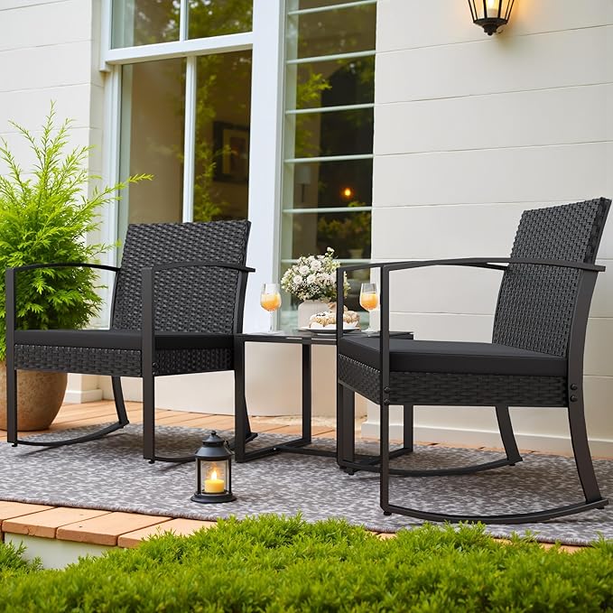 Homall Patio Furniture Set 3 Piece Resin Outdoor Bistro Set Rocking Patio Chairs with Cushions and Table for Porch, Poolside, Balcony and Yard (Black)