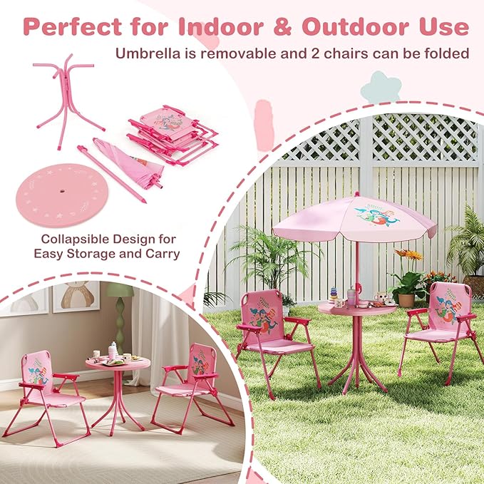 Costzon Kids Picnic Table, Kids Outdoor Table with 2 Folding Chairs, Height Adjustable Umbrella, Portable Children Outdoor Furniture for Patio, Garden, Backyard (Pink)