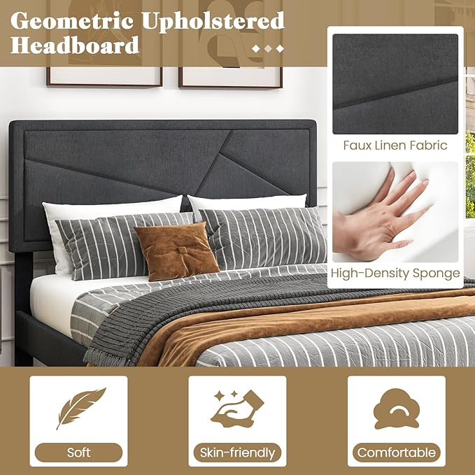 Giantex Full Size Platform Bed Frame, Modern Upholstered Bed Frame with Geometric Tufting Headboard, Wooden Slats Support, No Box Spring Needed, Gray