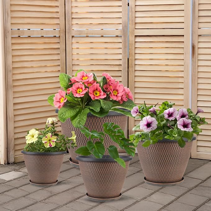 4 Pack 10 inch Plant Pot for Outdoor Indoor, Plastic Flower Pots with Drainage Holes & Saucers, Lightweight Large Outdoor Planter Pot, Imitation Knit Pots for Garden House Planters (Black Copper)