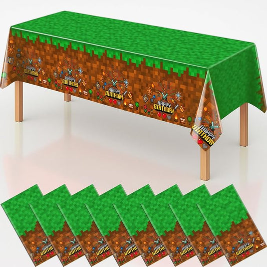 8Pcs Pixel Miner Party Decorations Tablecloth, 54" x 108" Gamer Birthday Tablecloth Disposable Plastic Pixel Gaming Birthday Decorations Table Cover for Kids Gamer Party Supplies