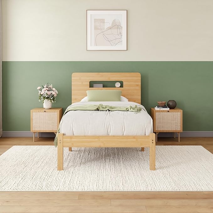 ZIYOO Solid Bamboo Wood Bed Frame Twin with Storage Headboard, 14 inch Platform Bed Frame Twin Size No Box Spring Needed with Steel Slats, Sturdy and Stable, Easy Assembly, Noise Free