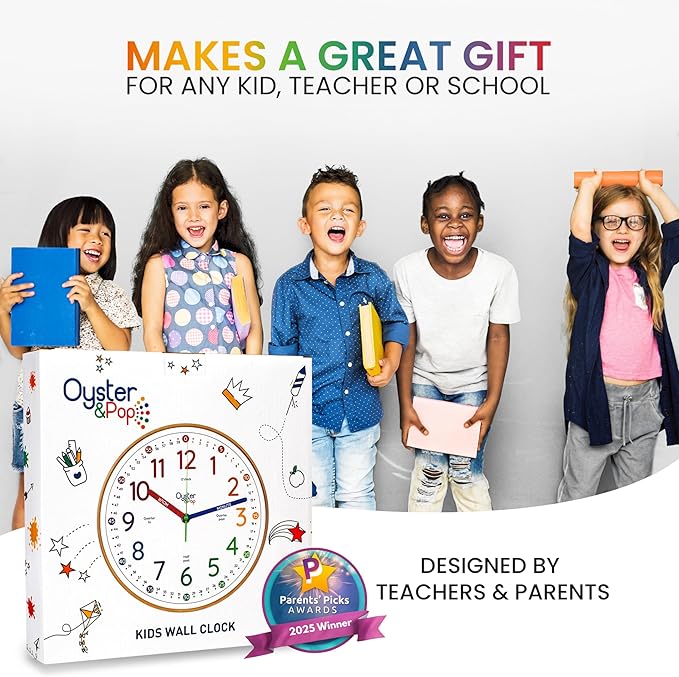 Oyster&Pop Kids Learning Wall Clock - Silent Non-Ticking Analog 10 Inch Teaching Clock for Classrooms & Bedrooms - Makes Telling Time Easy for Kids