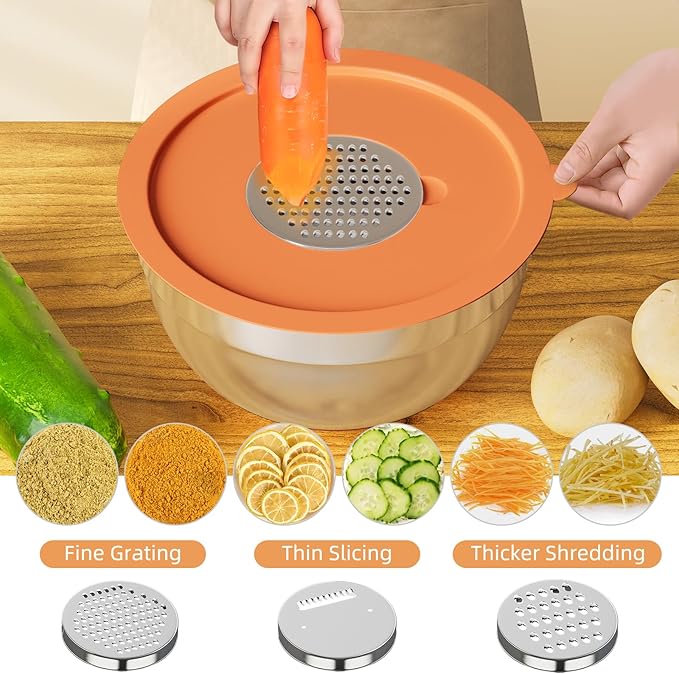 Mixing Bowls with Lids Set, 6 Piece Stainless Steel Nesting Storage Bowls for Kitchen, with 3 Grater Attachments & Non-Slip Bottoms, Size 5.5,3.5,2.5,2.1,1.5,1.1 QT