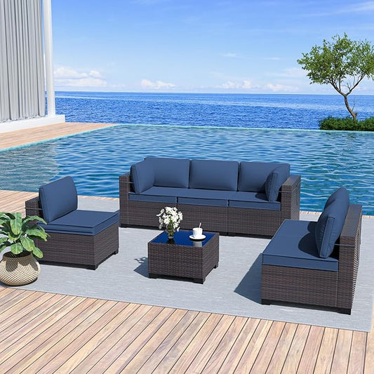 Kurapika 7 Pieces Patio Furniture Set, Rattan Wicker Outdoor Conversation Sets w/4 Inch Cushion and Glass Coffee Table(Navy Blue)