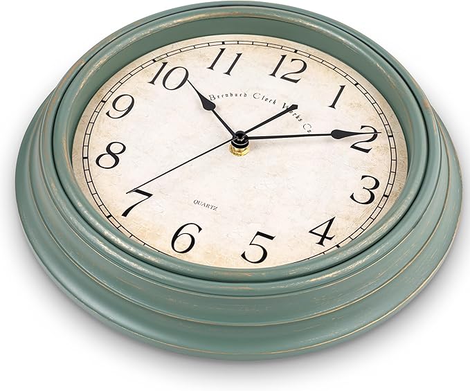 Bernhard Products Vintage Wall Clock Silent Non Ticking - 12 Inch Quality Quartz Battery Operated Decorative Rustic Green Clock for Home Kitchen Living/Dining Room Office Decor, Easy to Read