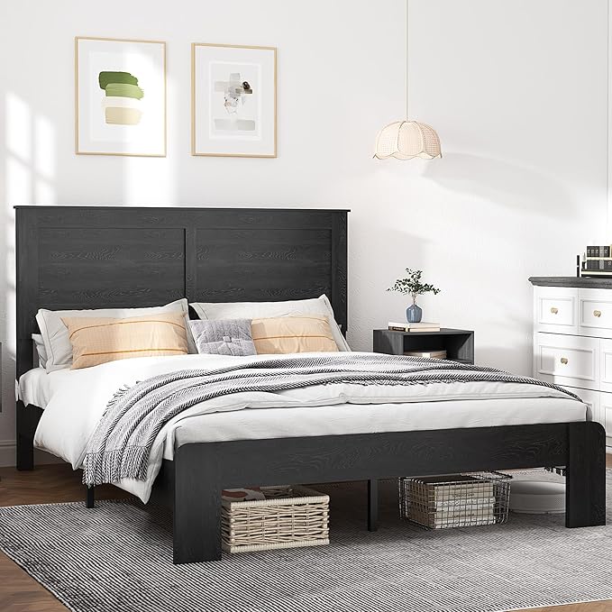 Full Size Bed Frame, Rustic Vintage Platform Bed Frame with Wood Headboard and Footboard, 12 Wood Slats Support, No Box Spring Needed (Black, Full)