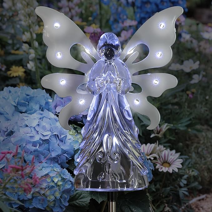 Exhart Garden Solar Lights, Decorative Angel Garden Stake, 13 LEDs, Cute Yard and Pathway Decor, White, 7 x 40 Inch