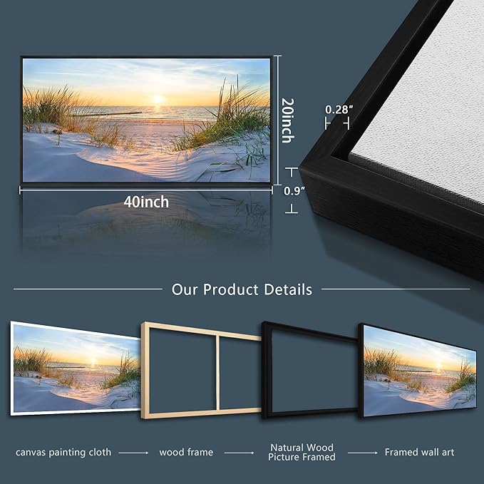 MHARTK66 Sea Beach Framed Canvas Wall Art For Living Room Wall Decor For Office Bedroom Wall Decorations Sun Seascape Large Painting Blue Ocean Canvas Pictures Artwork Black Wood Framed 20" X 40"